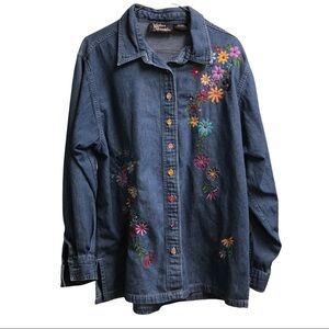 Silver Threads Floral Embroidered Denim Button Up Shirt - Size: L